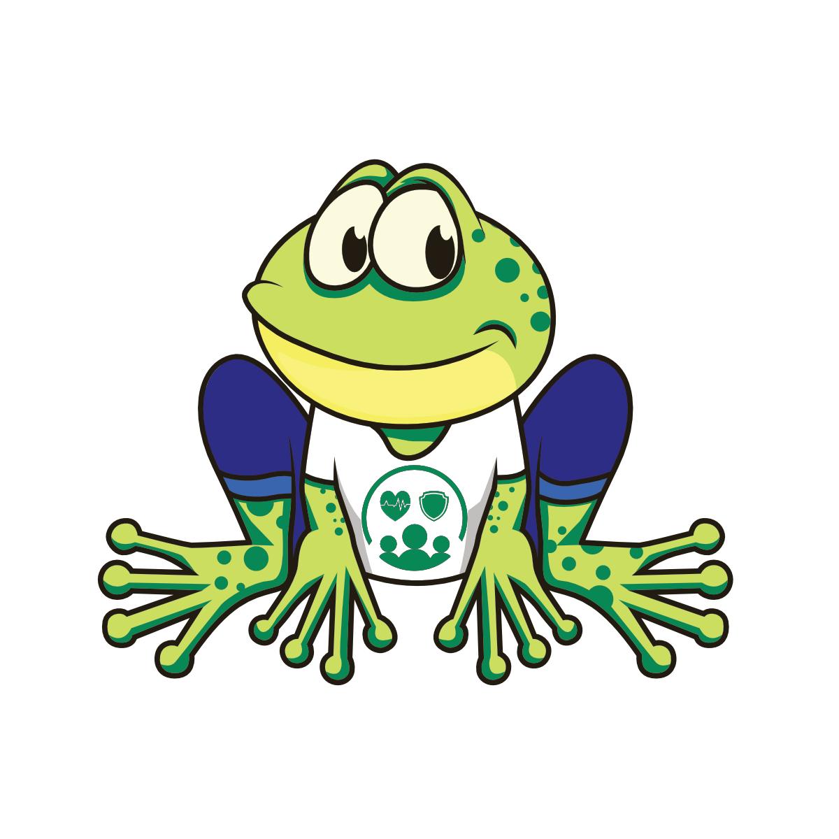 GSG_Fachschaftsfrosch Ein grüner frosch auf weißem hintergrund. Der frosch trägt eine blaue hose, und ein weißes tshirt mit einem logo. Das Logo zeigt ein schlagendes Herz und ein Schild.